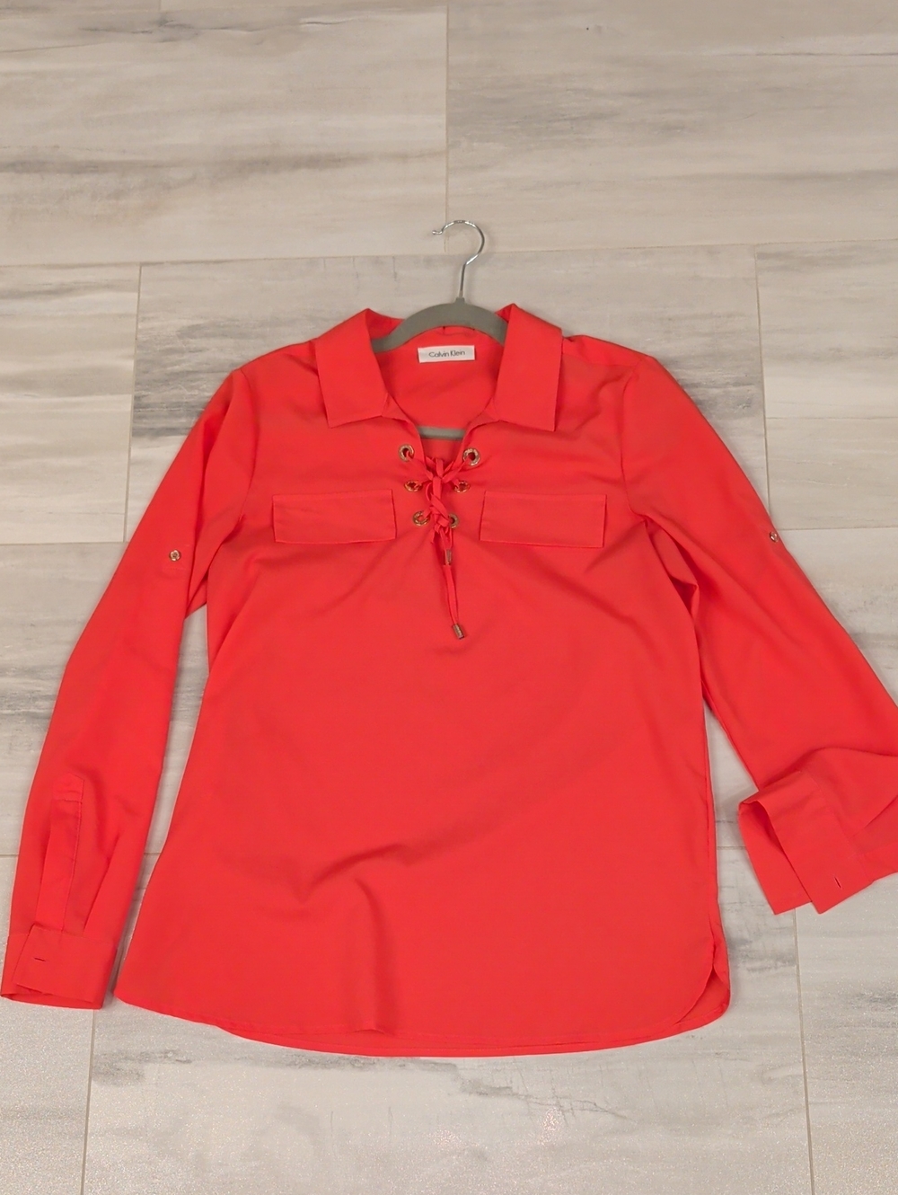 Calvin Klein Coral Lace-Up Collared Blouse
